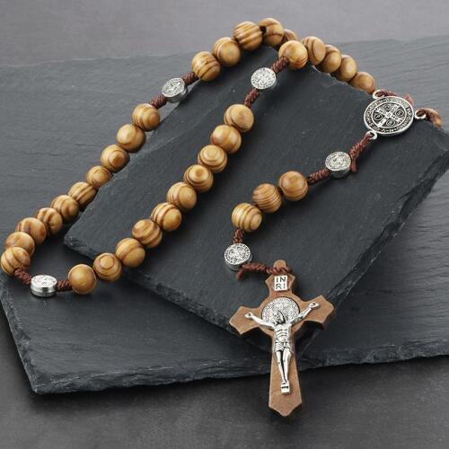 Religious Wooden Antique Cross Rosary Pendant Necklaces Jesus Saint Benedict Beaded Necklace for Men Women Jewelry Gifts collar