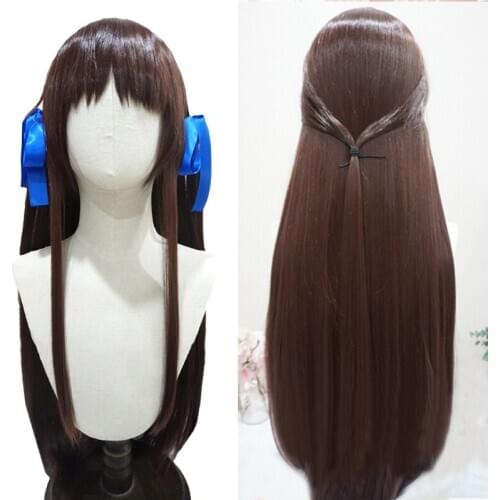 FRUITS BASKET Tohru Honda Cosplay Wigs Long Straight Brown Party Hair Halloween Synthetic Hair + Wig Cap + Blue Ribbon