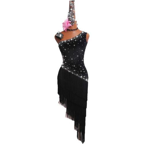 Latin Dance Competition Dress Performing Dress Female Dance Skirt Black velvet shoulder tassels skirt #LD117