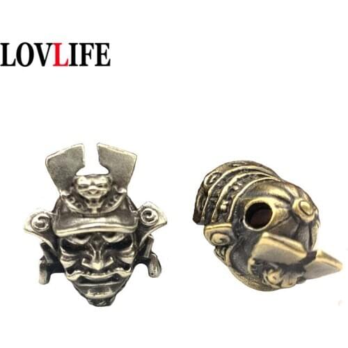 Retro Brass Japanese Samurai General Helmet Handmade Knife Bead Woven Rope Keychain Pendant Accessories Outdoor Tool EDC Lanyard