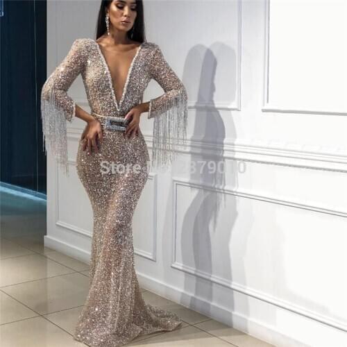 2020 African Luxury V-Neck Mermaid Evening Dress Tulle Sequins Beaded Tassel Sash Floor-Length Prom Dress Pageant Dress Dubai