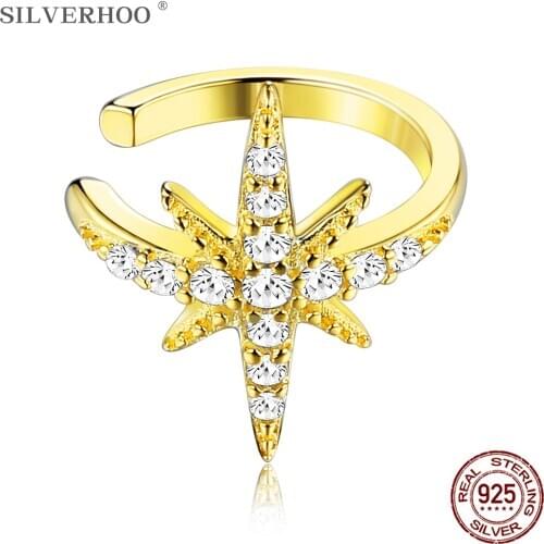 SILVERHOO 925 Sterling Silver Shining Star Earrings Women Luxury Cubic Zirconia Clip Earring Elegant Female Anniversary Jewelry