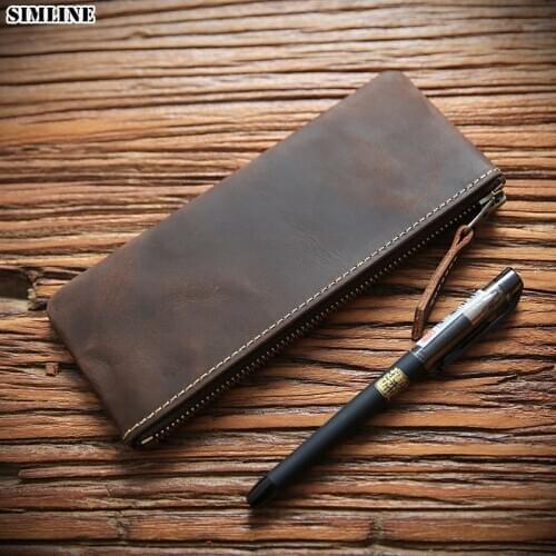SIMLINE Genuine Leather Pen Bag Vintage Cowhide Zipper Long Pencil Bag Bags Box Case Holder Children School Supplies Coin Purse