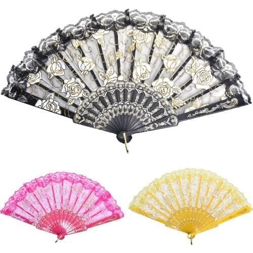 Fans Flower Party Wedding Prom Dancing Accessories Summer Fan Lace Spanish Fabric Silk Folding Hand Held Dance 10 Colors
