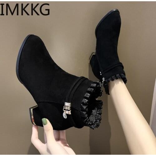 Womens Ankle Boots Ruffles Lace Winter Short Boot Evening Party Lady Elegant High Heel Shoes England Style Botas Warm
