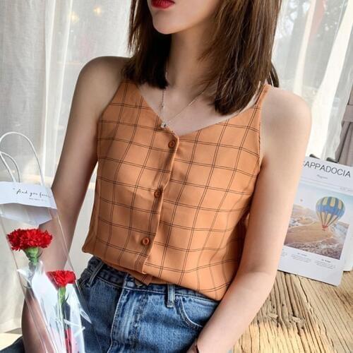 Women Chiffon Tank Tops Summer V Neck Blouses Casual Sleeveless Plaid Print Blouse