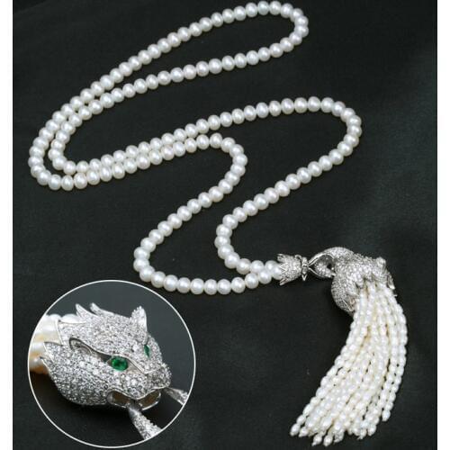 Natural freshwater pearl Long Sweater Necklace Leopard 925 Sterling Silver Tassels Fine Elegant jewelry Birthstone Gift