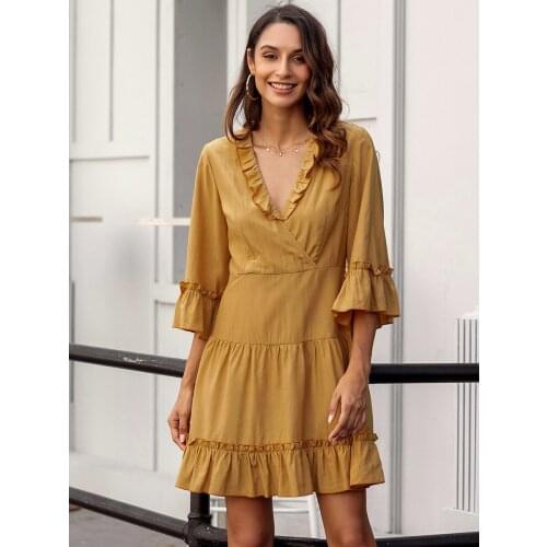 Women Robe Femme Solid Color A-Line Dresses Patchwork Ruffles V-Neck Flare Sleeve Slim Dress For Woman Clothing Vestido De Mujer