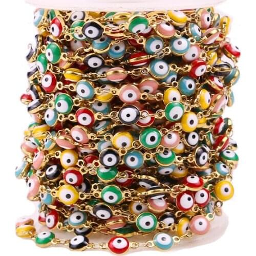 1m/lot Width 6mm Gold Stainless Steel Turkish Eye Connect with Enamel Chains for DIY Bracelet Necklaces Jewelry Making Supplies