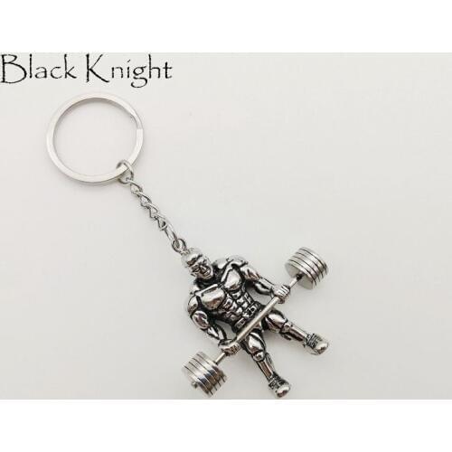 Black Knight Body building weight lifting figure charm key chain Retro silver color mens fashion car keyrings BLKN0216-KC