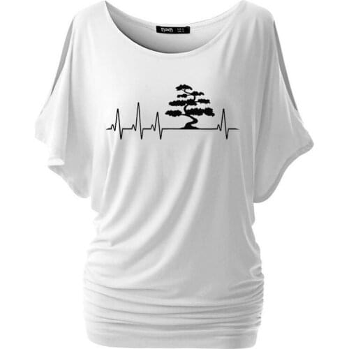Bonsai Tree Gardening Gift Bonsai Heartbeat Girl T Shirt Funny Tops Tee Casual O Neck Women T-Shirt Batwing Sleeve Round Neck