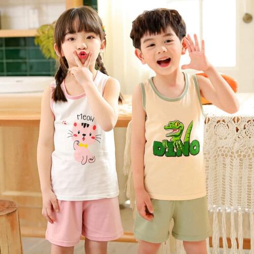 Cartoon Dinosaur Baby Pajamas Childrens Clothing Sets Summer Boys Girls Pyjamas Cotton Kids Sleepwear Sleeveless+Shorts Suits