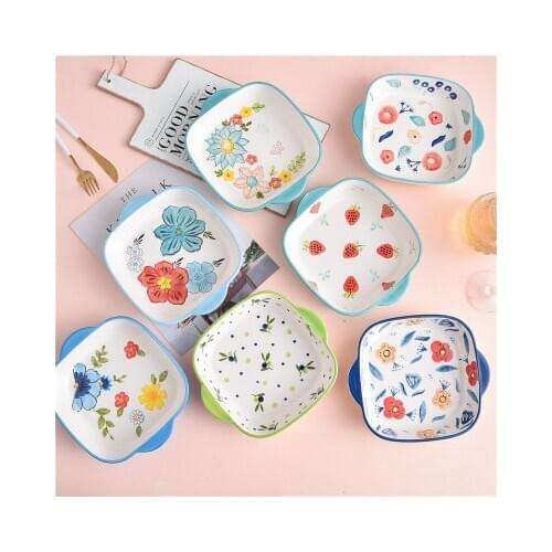 EECAMAIL Bakeware Ceramic Household Square Cheese Baked Rice Plate Microwave Oven Special Tableware Binaural Plate