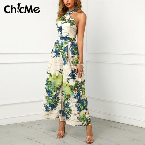Chicme Casual Crisscross Halter Tropical Print Backless Wide Leg Jumpsuits Vacation Women Sexy V Neck Cutout Rompers for Vacati