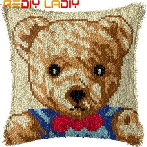 Latch Hook Cushion Bear with Bow Tie Printed Canvas Cushion Cover Acrylic Yarn Crochet Pillow Case Kit Hobby & Crafts Home Decor