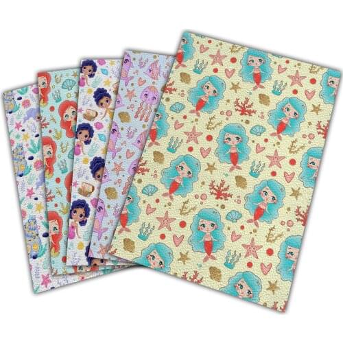 Cartoon Mermaid Printed Artificial Synthetic Lychee Pattern Leather Sheet 22X30cm A4 Diy Handmade Shoe Bag Accessories