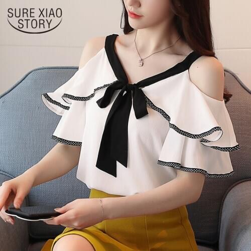 New Spring Short Sleeve Chiffon Shirt Women Sweet Sexy Ruffled Clothing V-neck Off Shoulder Top Lady Blouse Blusas Mujer D598 30