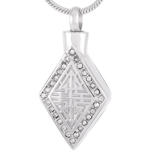 IJD9218 Rhombus Keepsake Ash Necklace with Crystal Stainless Steel Cremation Ashes Urn Pendant Necklace Funeral Casket Necklace