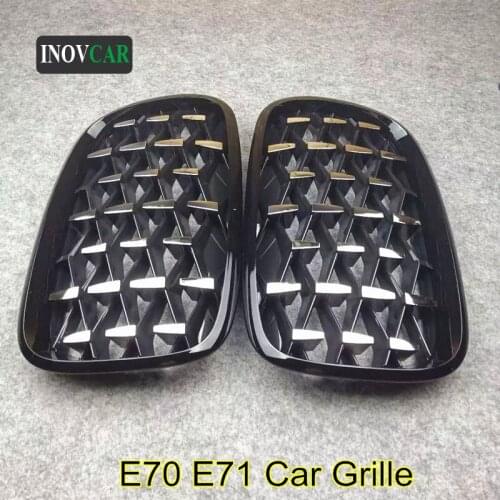 Diamond Style 1 Pair ABS Car Front Mesh Grill Grille Fits For BMW X5 X6 E70 E71 Glossy + Silver Kidney Grille 07-19