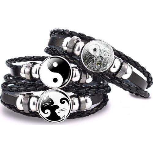 Yin Yang Bracelet Yin Yang Cat Yin Yang Owl Glass Cabochon Braided Multi-layer Black Leather Woven Bracelet for Men Women