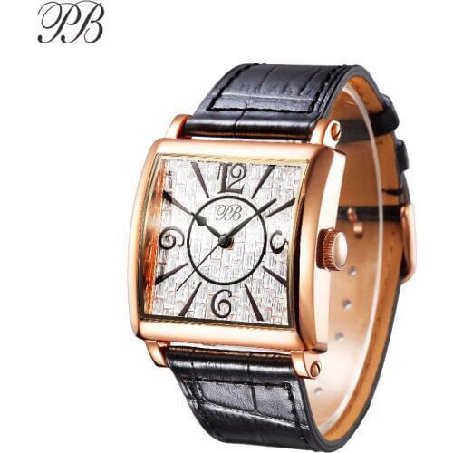 PB Square Classic Dial Women Watches Waterproof Leather Strap Quartz Red Watch