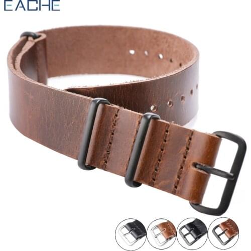 EACHE Nato Genuine Leather Watch Straps Long Strap 270mm Dark Brown Black 20mm 22mm Watch Band Silver&Black Buckle In Stock