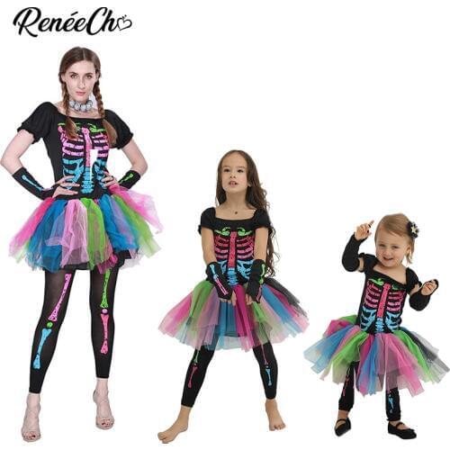 Family costumes halloween mother and daughter carnival costume girl skeleton cosplay tutu dress women Funky Punky Bones Costume