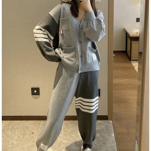 Summer Womens Tracksuit Loose Suit Woman Knitted V-neck Contrast Color Cardigan Top And Elastic Waist Long Pants Casual 2Pc Set