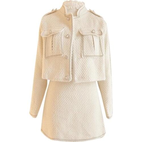 PERHAPS U Women Vintage Tweed Houndstooth Diamond Jacket + High Waist A-Line Skirt Two-Piece Suit Ladies Blazer&Skirt Suit T3013