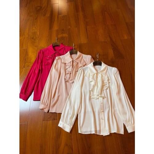 New ladies fashion 2021 lantern long-sleeved sexy casual solid color silk chest lotus leaf pleated shirt 0107