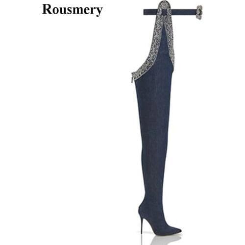 New Popular Women Fashion Pointed Toe Waist Long Denim High Heel Boots Sexy Thigh Jean Boots Buckle Design Boots Real Pictures