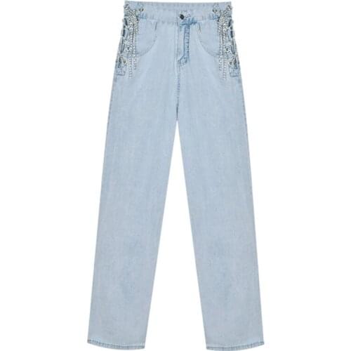 Harajuku High Waist Hollow Out Chain Design Slim Jeans Woman 2021 Leisure Streetwear Commute High Quality Strgight Pants