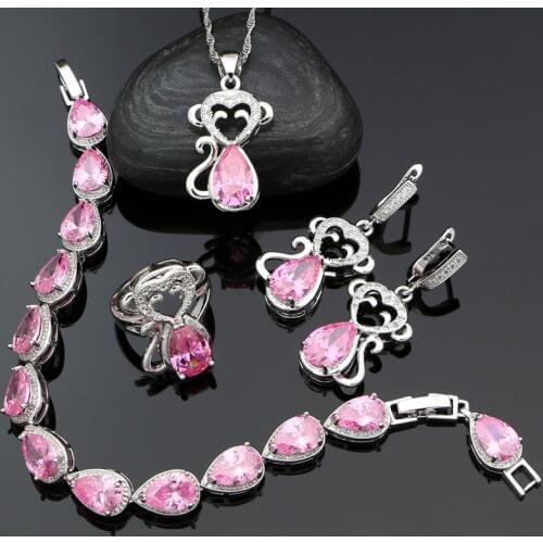 Monkey Shape 925 Silver Jewelry Sets For Women Pink Cubic Zirconia Earrings Pendant Ring Bracelet Necklace