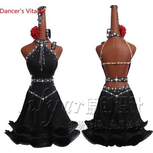 Latin Dance Dress Women Dancing Performance Competition Clothes Sexy Off Shoulder Fishbone Coiling Luxury Diamond Dress