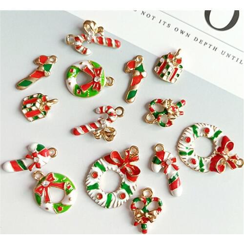 10pcs Alloy Enamel Charms Christmas Tree Wreath Crutch Pendants Charms Bracelets DIY Jewelry Accessories Christmas Charms YZ587
