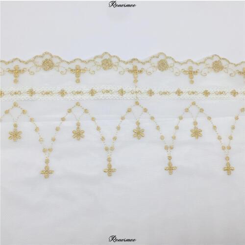 2Yards Gold Thread Lace Flower Applique Trim Edge Handmade diy Material Wedding Clothing Applique Flower Mesh Timimg 22cm SX459