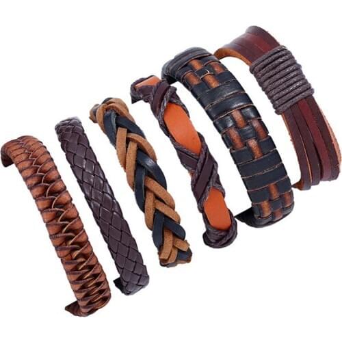 6pcs/set men retro woven cowhide bracelet DIY six sets of multi-layer European and American leather bracelet cross-border supply