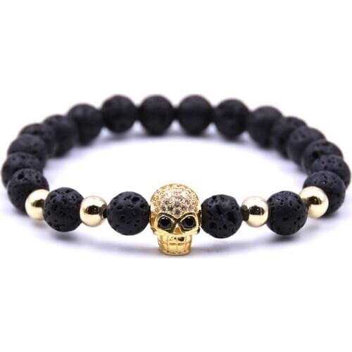 8mm Volcanic Stone Bracelet Copper Beads Hand String Tiny Skull Zircon Natural Beaded for Women Men Accessories