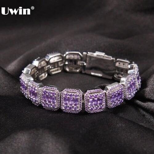 UWIN 13mm Cuban Chain Bracelet Purple Baguette CZ Micro Paved Iced Out Cubic Zirconia Bracelet Hip Hop Jewelry for Drop Shipping