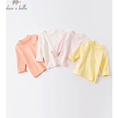 DB15909 dave bella autumn baby girls cute bow solid ruched T-shirt children tops girl kids fashion tees