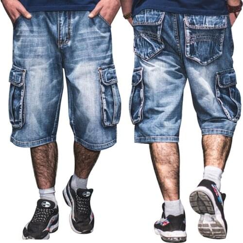 Summer Men Jeans Shorts Fashion Loose Straight Multi Pocket Baggy Streetwear Hip Hop Skateboard Blue Denim Pants Large Size 46
