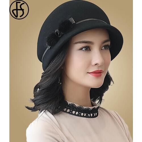 FS 100% Australia Wool Fedora Hat Women Black Felt Autumn Winter 2021 New Church Cloche Hats Elegant Banquet Mink Fur Fedoras