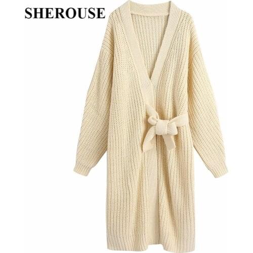 SHEROUSE Women Fashion Oversized Knitted Wrap Long Cardigan Long Sleeves V-Neck Vintage Woman Knit Sweater Chic Tops