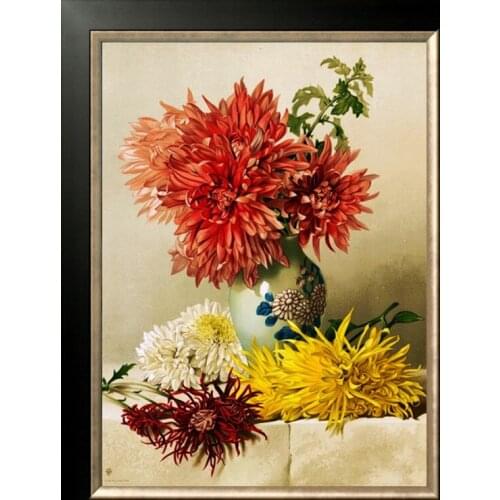 Oil painting Chrysanthemum Flower Cross Stitch Kit Crafts Needlework 14CT Unprinted Embroidered Handmade Art Wall Home Decor