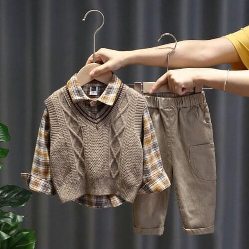 Baby boys 3-piece-sets 2-9 years old kids spring and autumn clothing childrens Diamond check sweater vest+Plaid shirt+Overalls