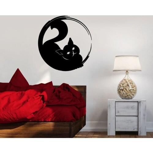 Cat Silhouette Wall Decal Circle Enso Hinduism Yoga Meditation Room Bedroom Interior Decor Vinyl Stickers Kitten Wallpaper Q979
