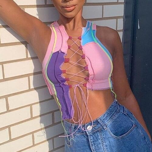 Lace Up Tank Top Patchwork Sexy Summer Ruched Vest Sleeveless Skinny Tops Cropped Women Clothing 2021 Streetwear Camis Crop Tops