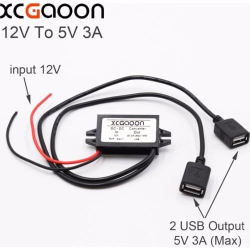 XCGaoon Car DC-DC Converter Module Cable with 2 USB Port, input DC 12V To USB Ouput 5V 3A, Charge for iPhone Smartphone mobile