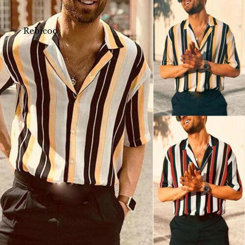 Mens Fashion Short Sleeve Regular Fit Button Down Shirt Casual Vertical Striped Shirt Mens Hip Hop Casual Short Sleeve Tops