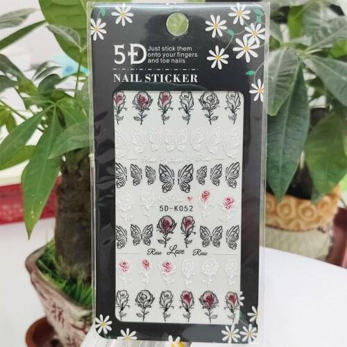 5D Stickers for Nails Black White Butterfly Flowers Nail Art Decorations Stereoscopic Sticker Accessories Anaglyph Effect Design